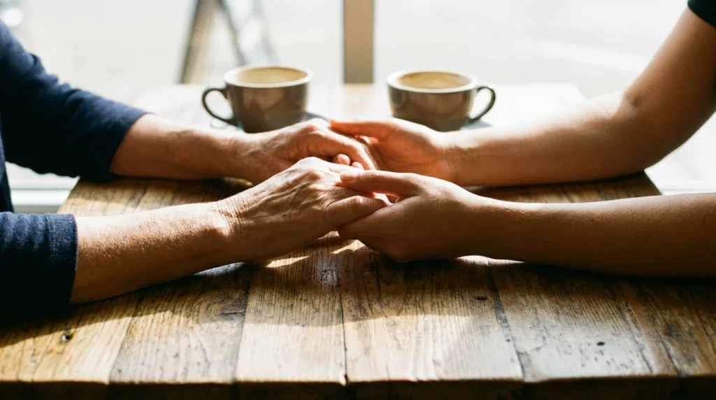 Close up of a couple holding hands on a cafe table showing mutual respect.