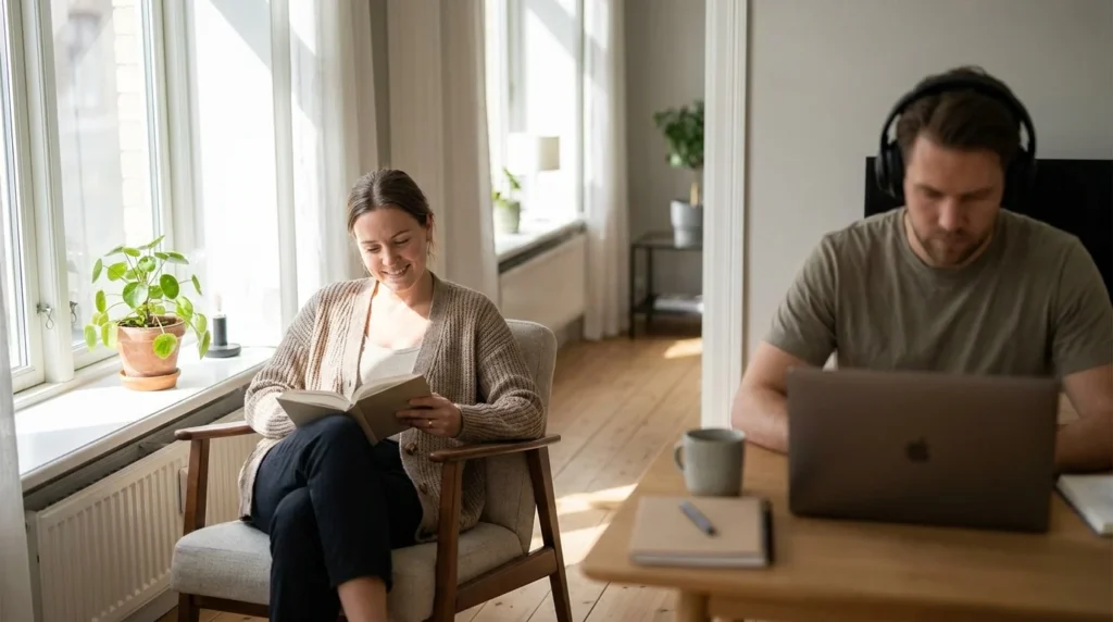 A woman reading a book while her partner works in the background, showing healthy space.