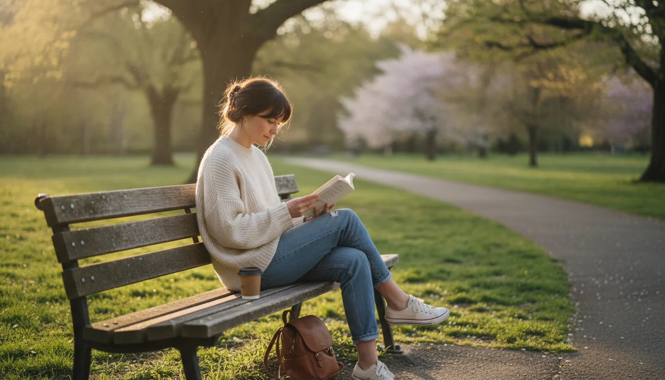 A woman enjoying independent time reading a book alone on a park bench.