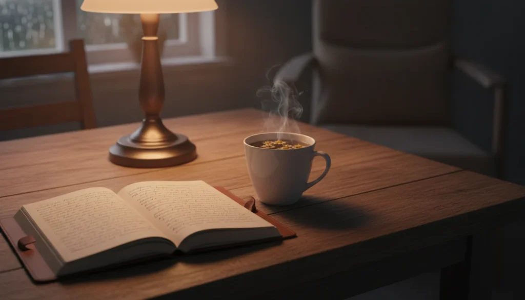 A steaming cup of tea and an open journal on a table, symbolizing calm and reflection.