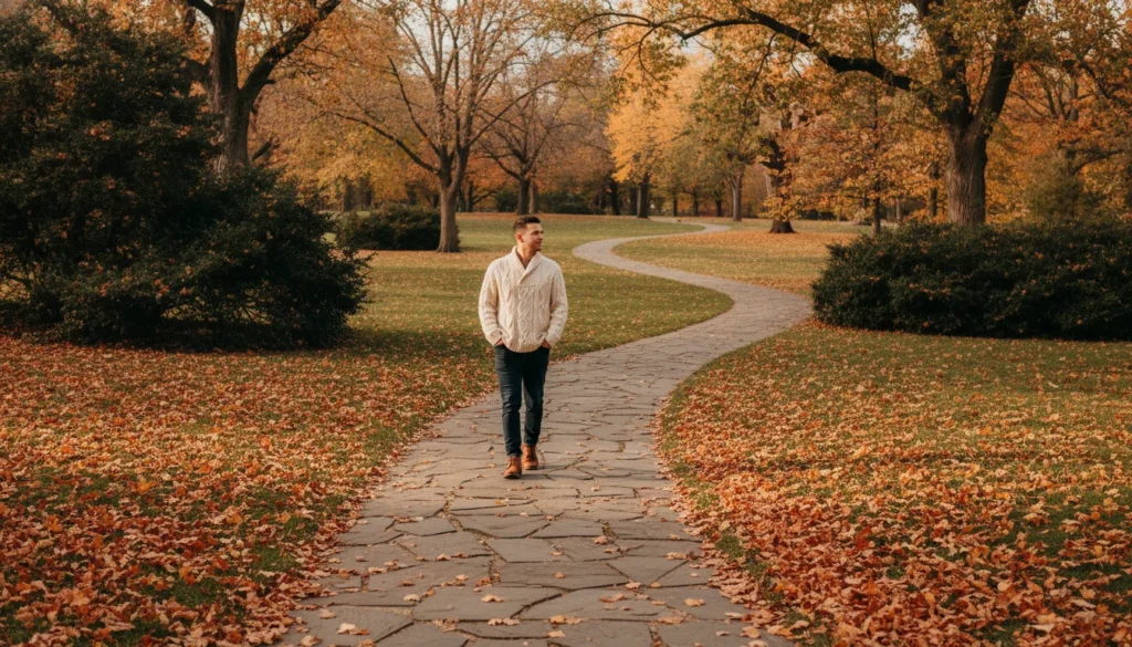A person taking a peaceful walk in an autumn park, representing self-care and personal boundaries.