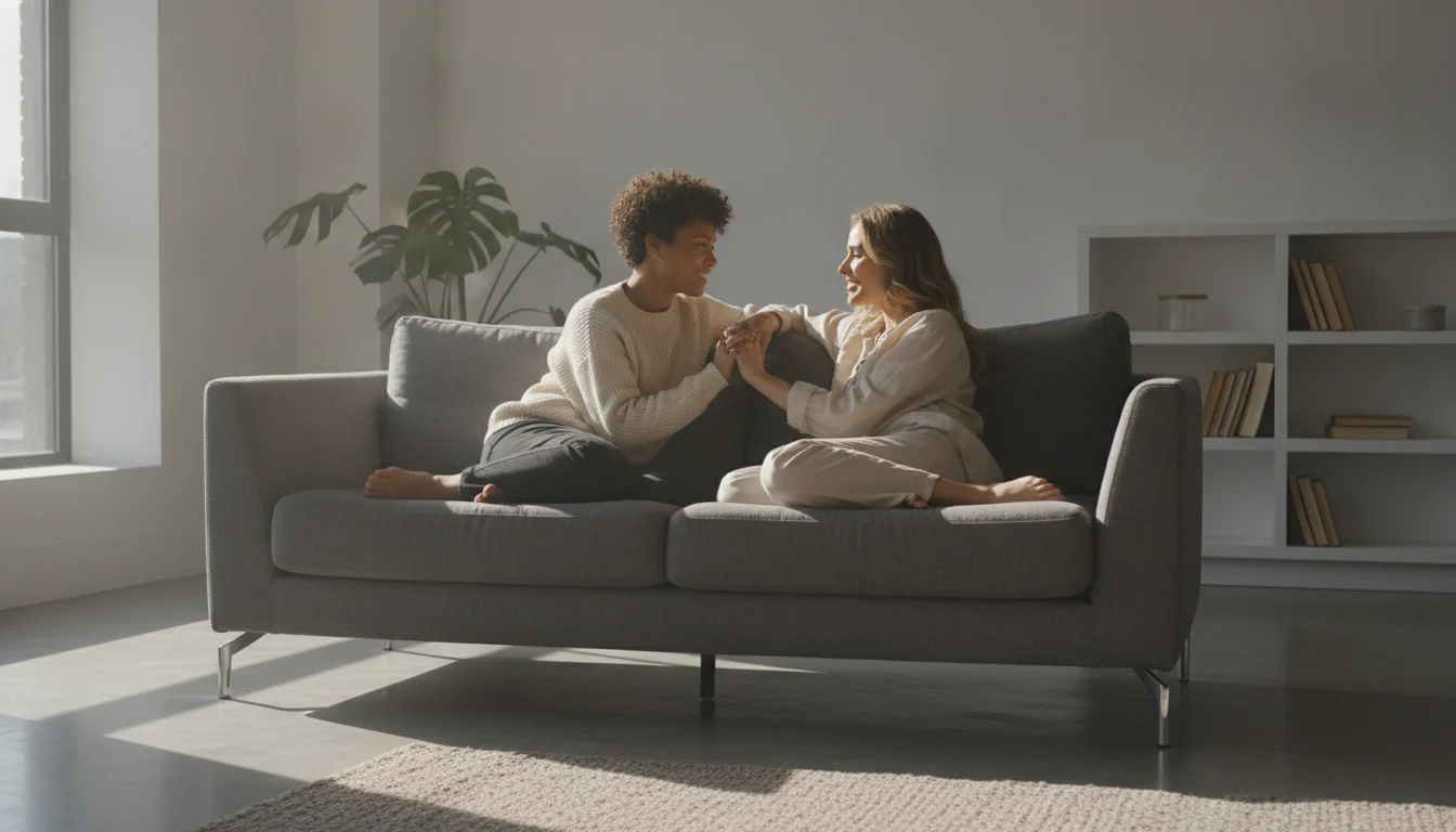 A loving couple sitting on a couch, holding hands in a reassuring and comforting manner.