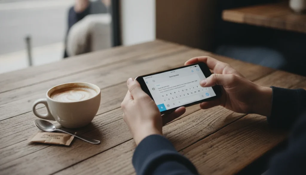 Hands typing a text message on a smartphone resting over a wooden cafe table.