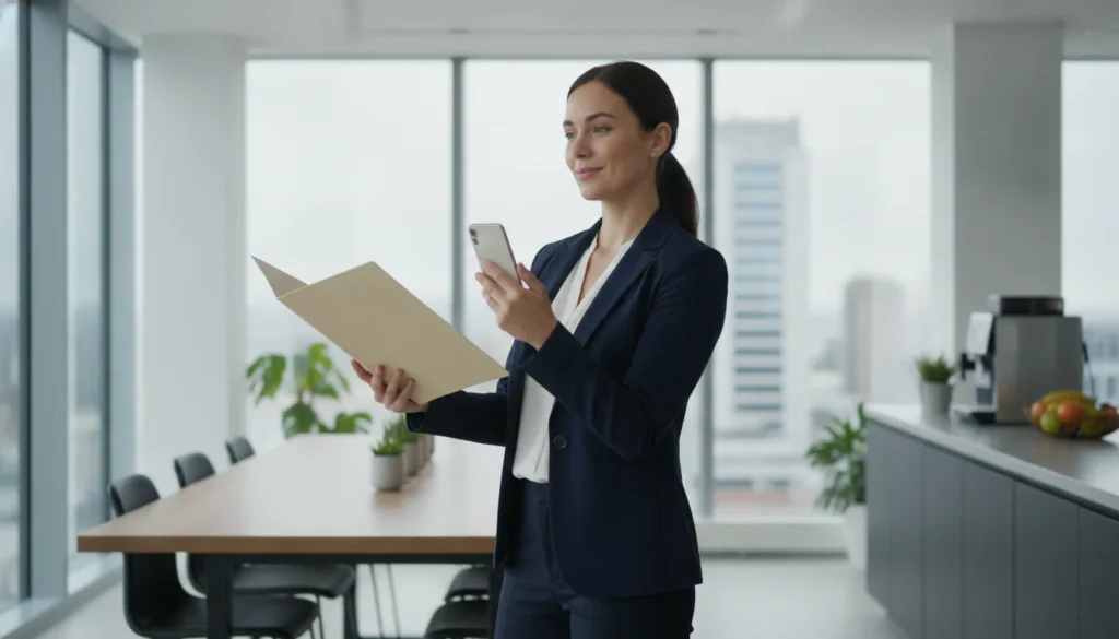 A professional woman in an office breakroom reading a text message on her phone.