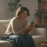 A person looking relieved while holding a smartphone on a comfortable sofa.
