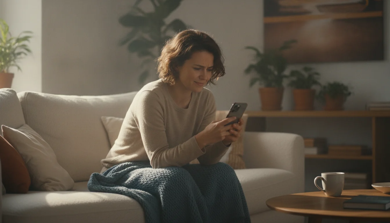A person looking relieved while holding a smartphone on a comfortable sofa.