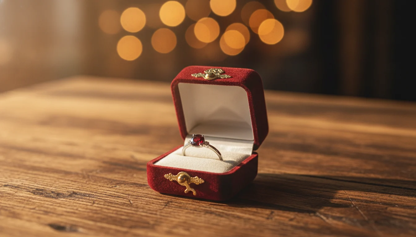 A delicate silver promise ring sitting in a velvet box on a wooden table.