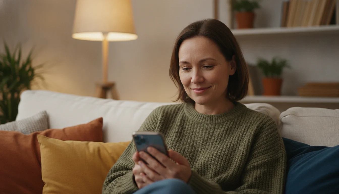 Person smiling while texting on their smartphone after a date