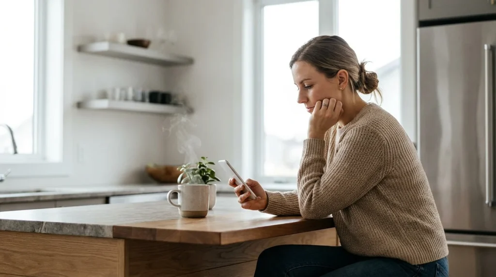 Woman looking thoughtfully at her smartphone while drinking coffee