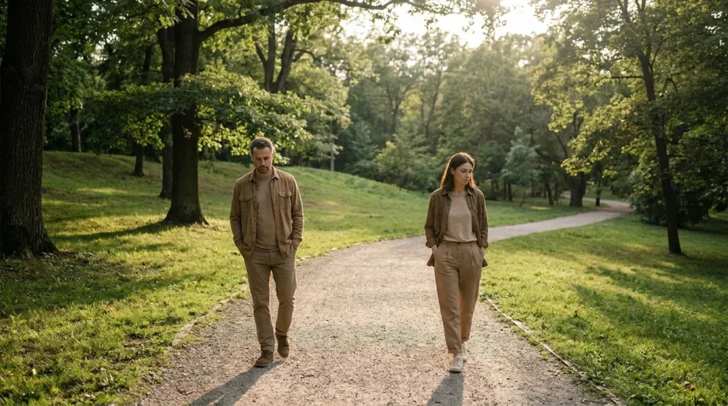 Couple walking together in a park with noticeable physical distance between them