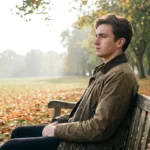 Thoughtful man sitting alone on a park bench looking distant