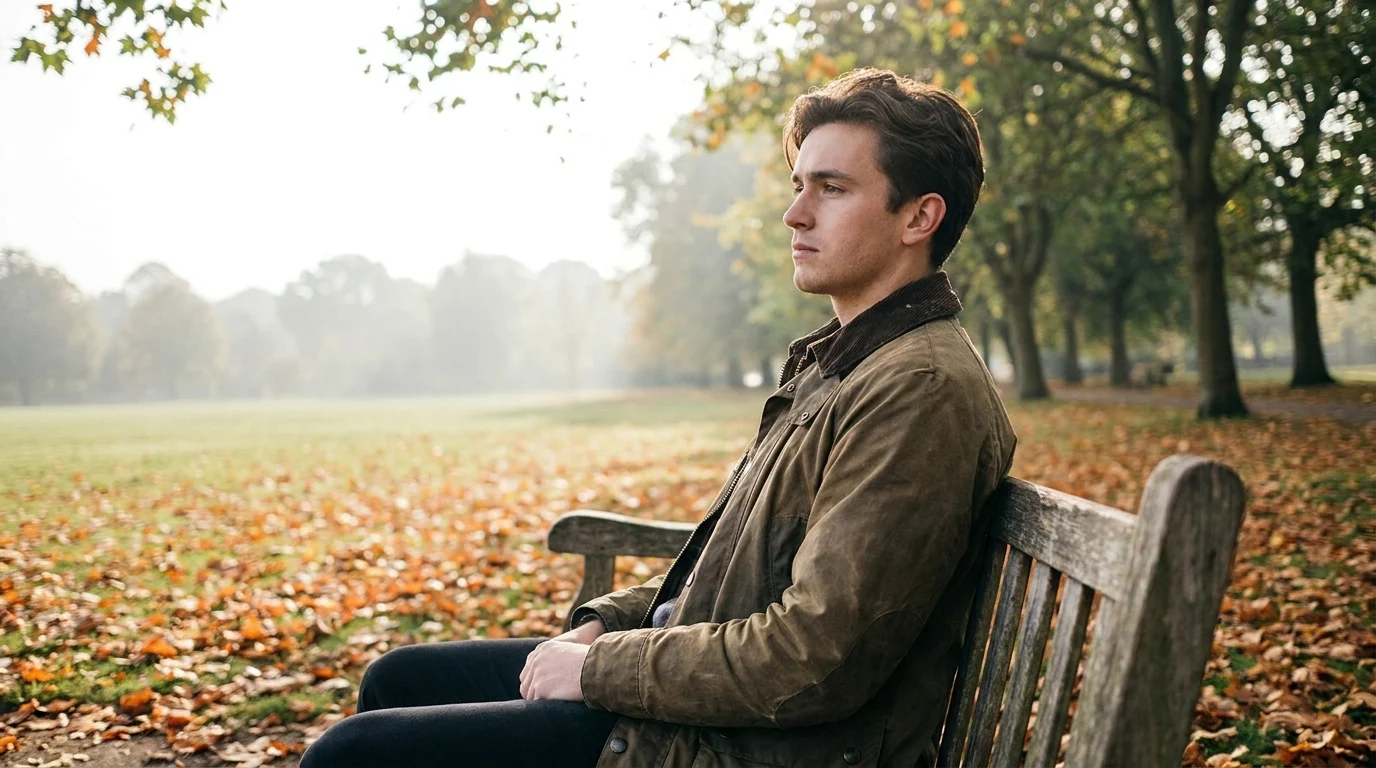 Thoughtful man sitting alone on a park bench looking distant