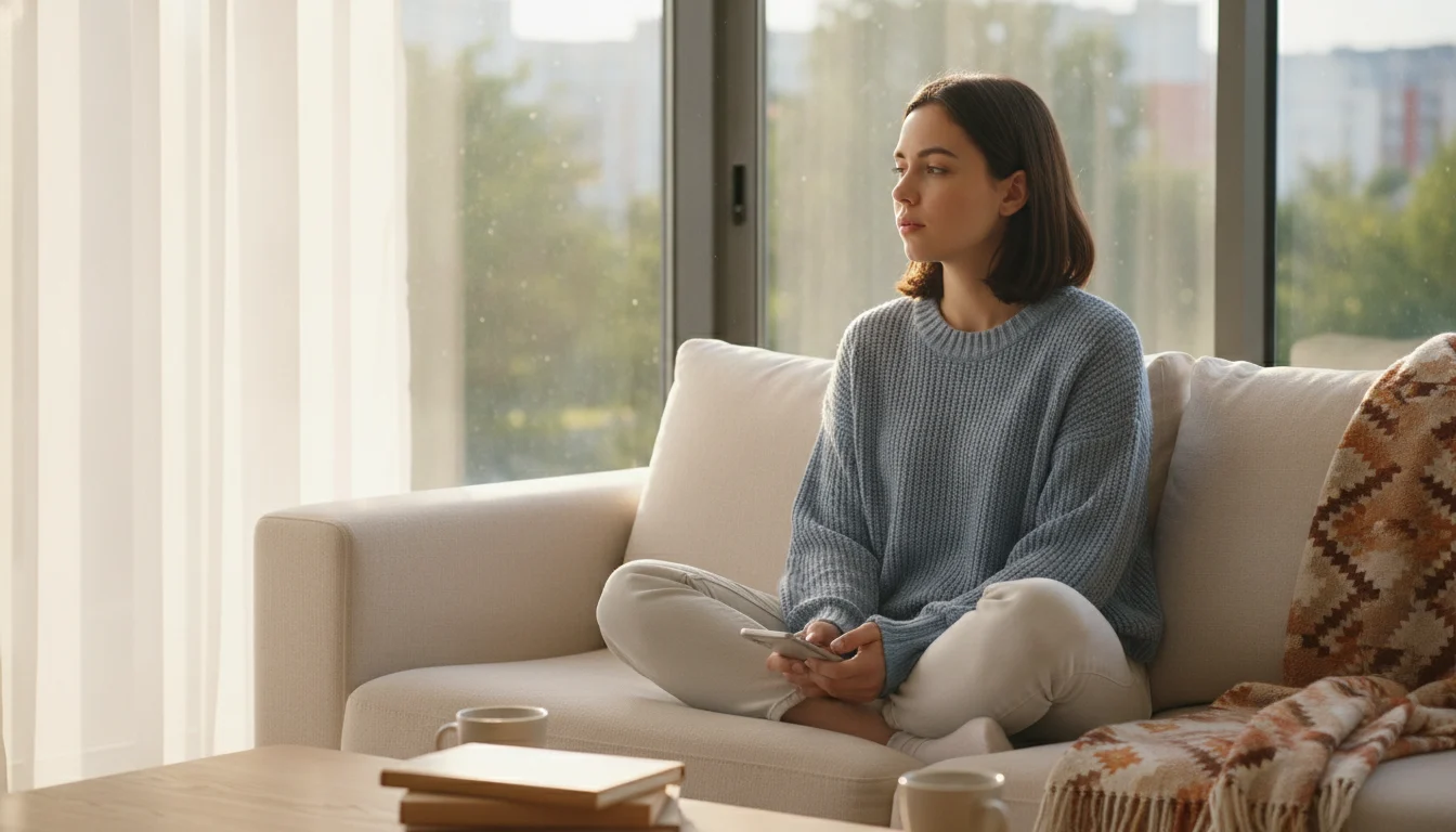 Woman sitting on a sofa looking thoughtful while holding her phone