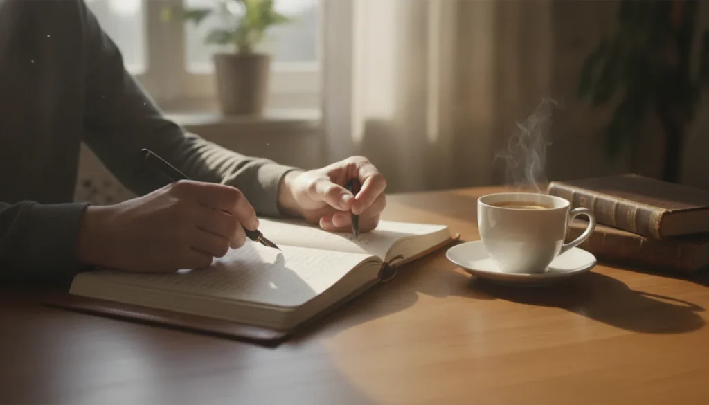Person journaling at a desk with a cup of tea