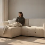 Person reflecting thoughtfully with a phone resting on their lap